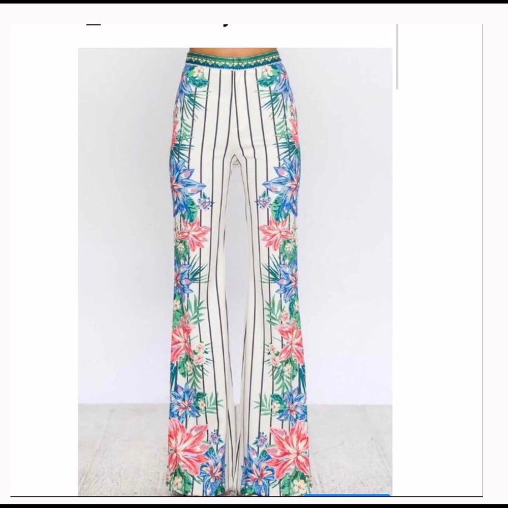 Jealous Tomato White Floral Wide-Leg Trousers with Pink & Blue Accents